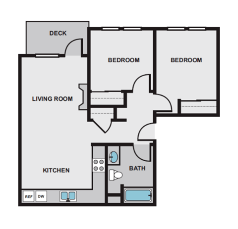 Floor plan for 2 beds, 2 baths, 890 sqft